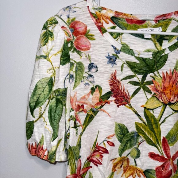 Chico's Floral Print Scoop Neck Puff Sleeve Top In White US Size Large - Picture 2 of 7